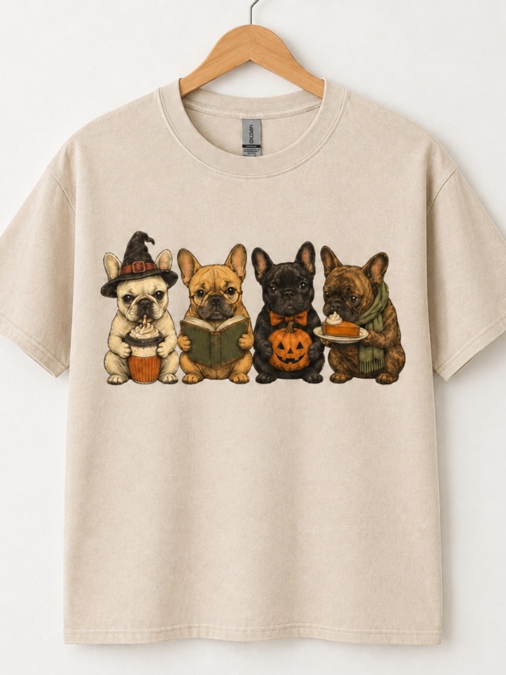 French Bulldog Halloween Pumpkin Witch Hat Reading Books Vintage Beige T-Shirt